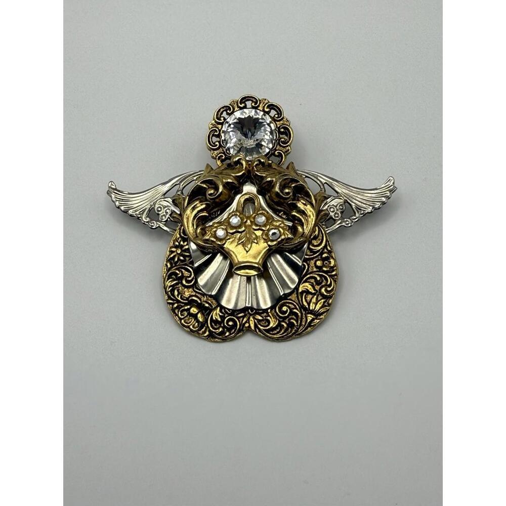 Rosemary Nelson‎ Angel Pin Brooch 1995 Gold Silver Tone with Jewels 2.5"